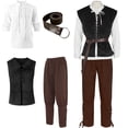 thumbnail image 4 of JOANKDMI 4 Piece Mens Medieval Renaissance Role Play Costume Lace Up Vest Jacket Long Sleeve Shirt and Straight Leg Loose Fit Pants with Matching Belt Halloween Pirate Outfit Set, 4 of 9