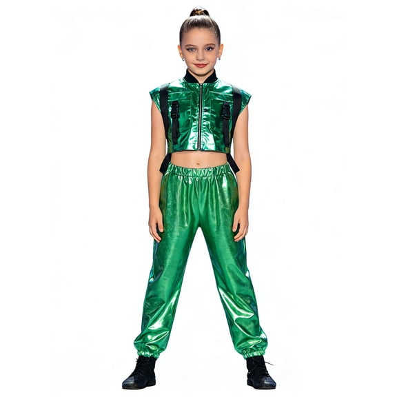 Hansber Kids Girls Hip Hop Jazz Street Dance Outfit Futuristic Space Theme Birthday Party Vest Crop Top with Pants Green Blue Green 8