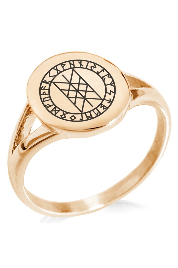 Stainless Steel Vegvisir Web of Wyrd Skuld’s Net Viking Minimalist Oval Top Polished Statement Signet Ring