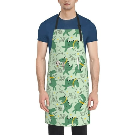 

Adobk Aprons Adjustable Bib Aprons with 2 Pockets Cooking Kitchen Chef Apron for Women and Men-Men-Cute Dinosaurs in Space