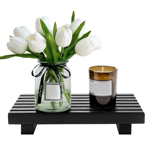 Bathroom Tray Pedestal Stand, Small Kitchen Decor Wood Riser Display Soap Holder for Vanity, Dispenser, and Countertop Décor, Black