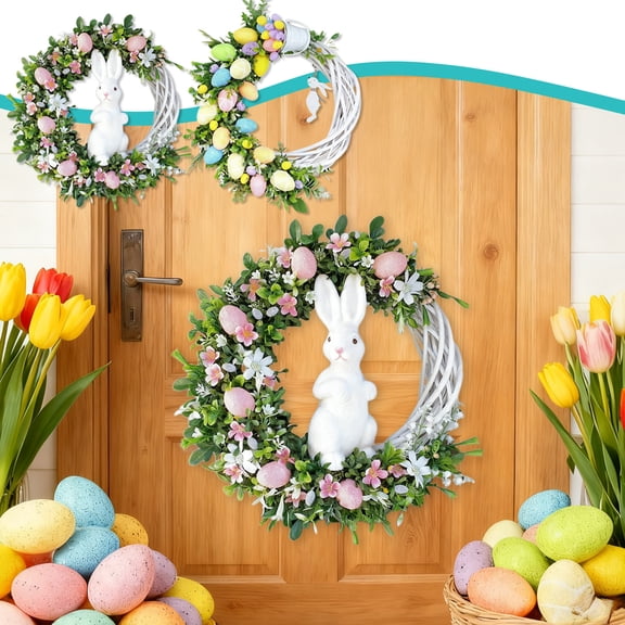AYktou Easter Bunny Wreath Door Sign, 10 Inch Easter Egg Spring Wreath Artificial Plants Leaf Ring Wreath with Rabbit Doll, Door Hanging Ornaments Farmhouse Holiday Wall Fireplace Home Window Decor
