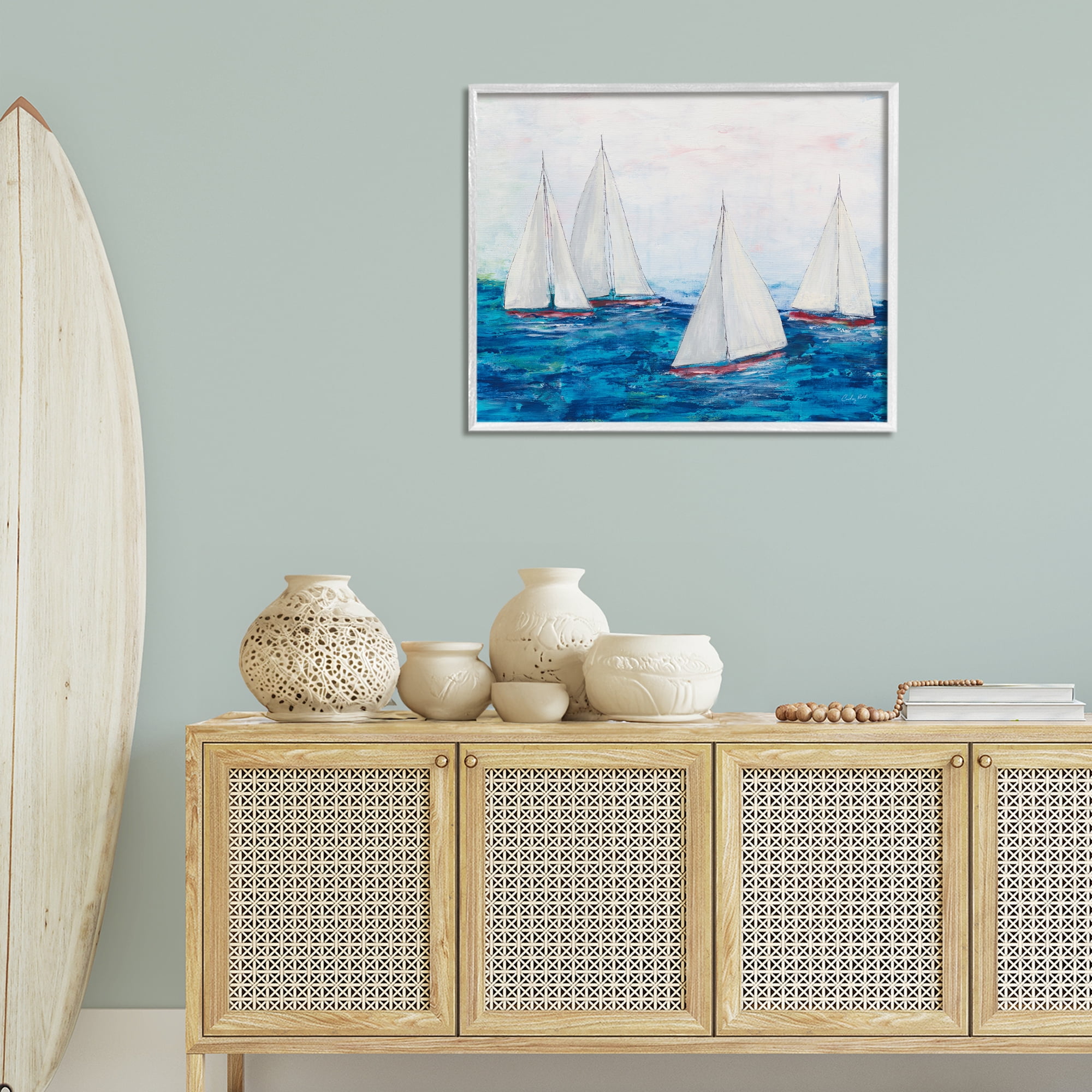 Stupell Industries Sailboat Fleet on Ocean Coastal Painting White Framed Art Print Wall Art, 30 x 24