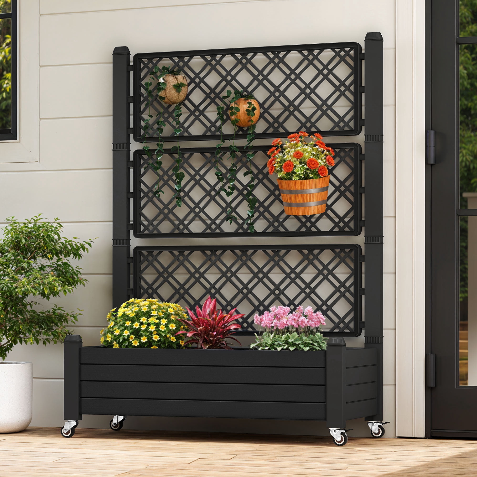 Uforic 3.6 x 1.5 x 5 FT Raised Garden Bed with Trellis, Large Outdoor Planter Box on Wheels for Patio, Black for Climbing Plants Vegetables