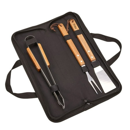 Personalized BBQ 3 Piece Set with Wood Handles in a Black Carrying