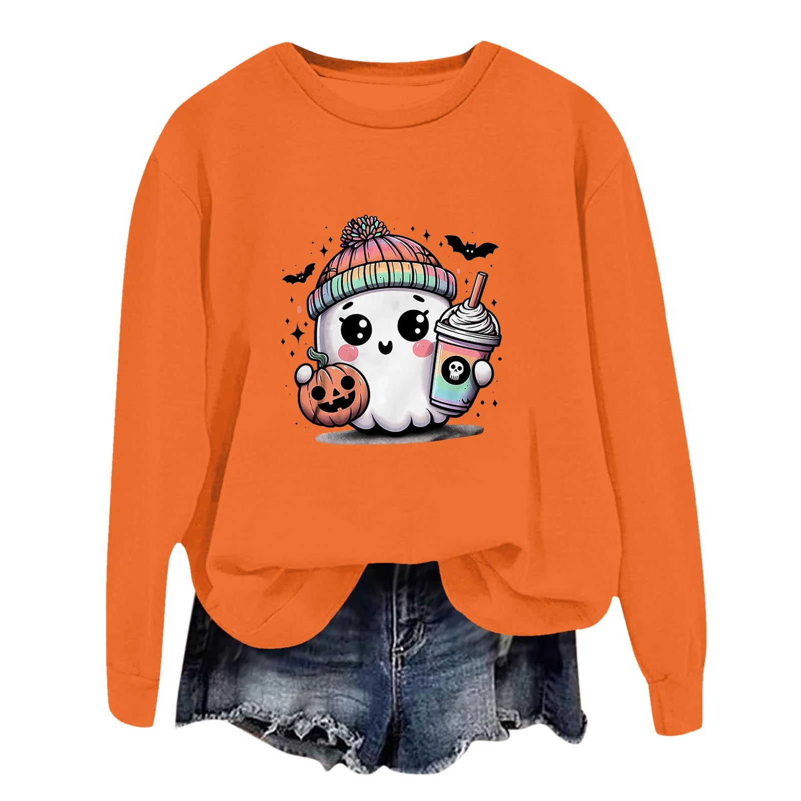 WEIWEN Halloween Sweatshirt for Women Cute Ghost Pumpkin Graphic Fall Outfits for Women Dressy Casual Long Sleeve Going Out Tops Fashion Clothing Womens Sweaters L