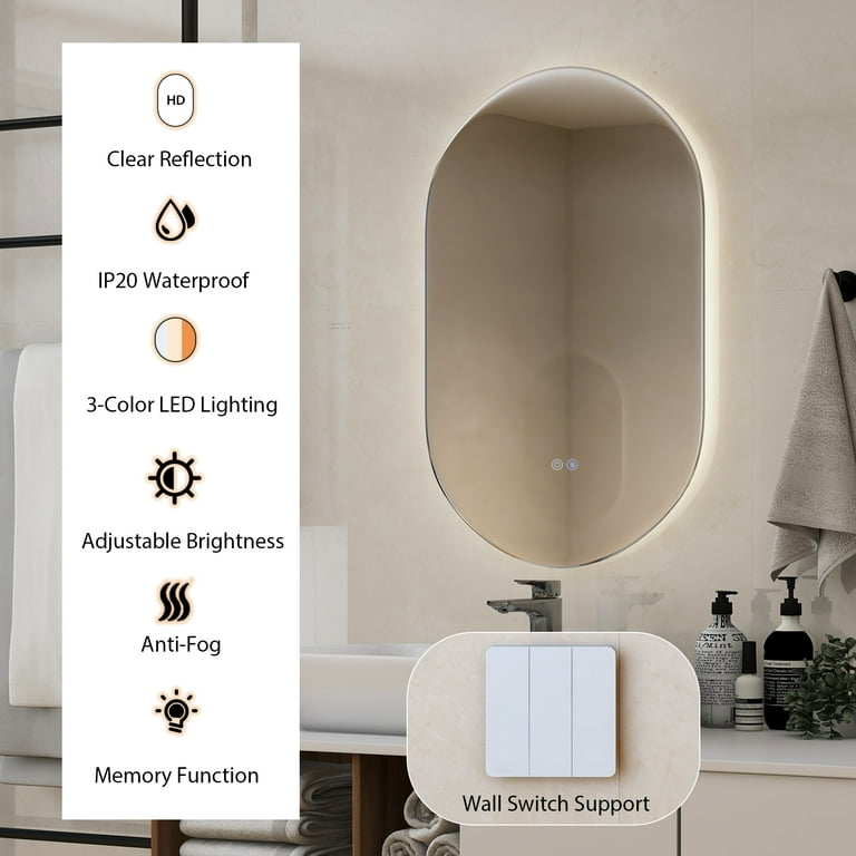 MEIOUKA 18x26 Inch Dimmable LED Bathroom Vanity Mirror With Anti-Fog – 3 Color Smart Touch Wall Mounted Oval Mirror