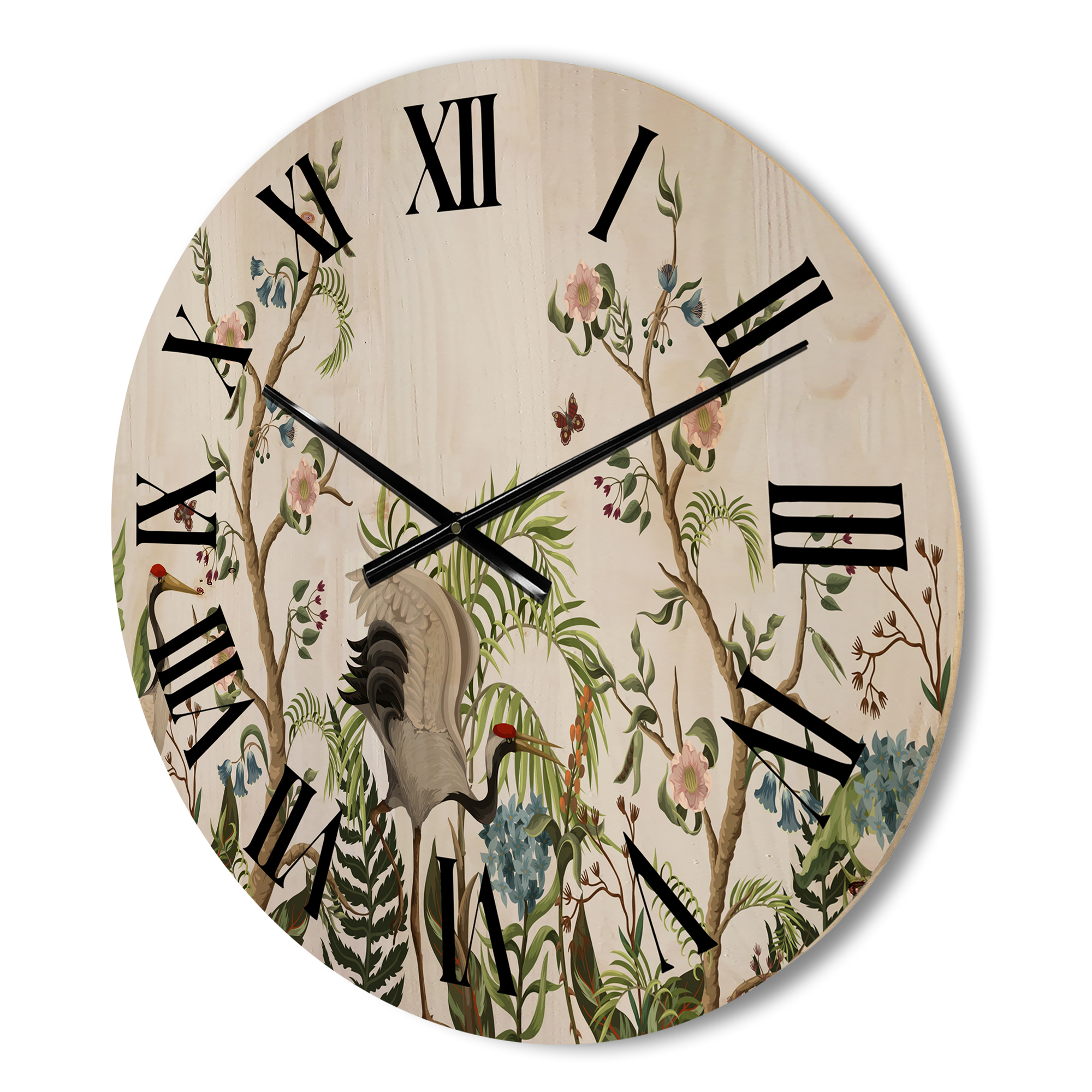 Designart 'Border With Peonies and Cranes In Chinoiserie Style' Traditional Wood Wall Clock