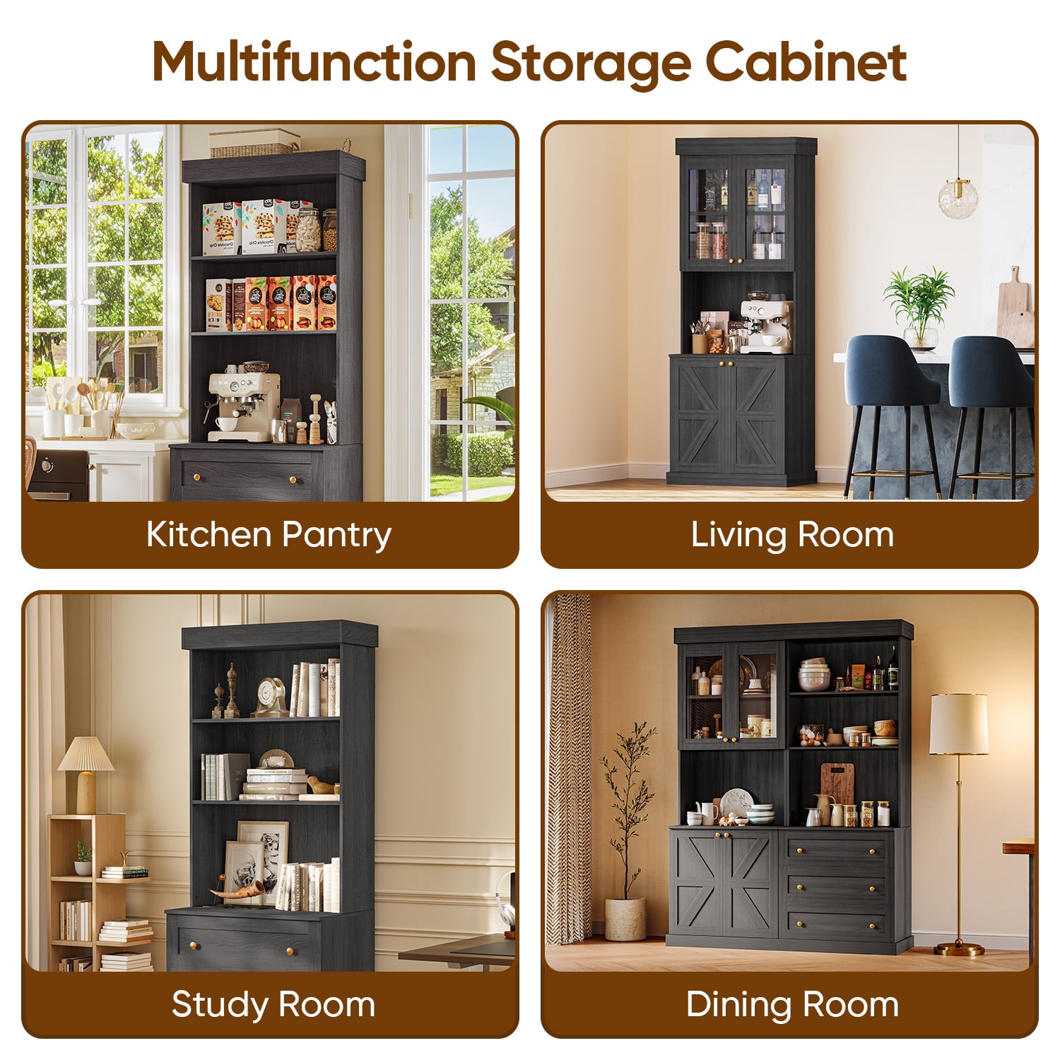 71" Tall Kitchen Pantry Cabinet Set of 3 With Adjustable Shelve,Coffee Bar Hutch with Microwave Stand for Dining Room,Living Room,Black