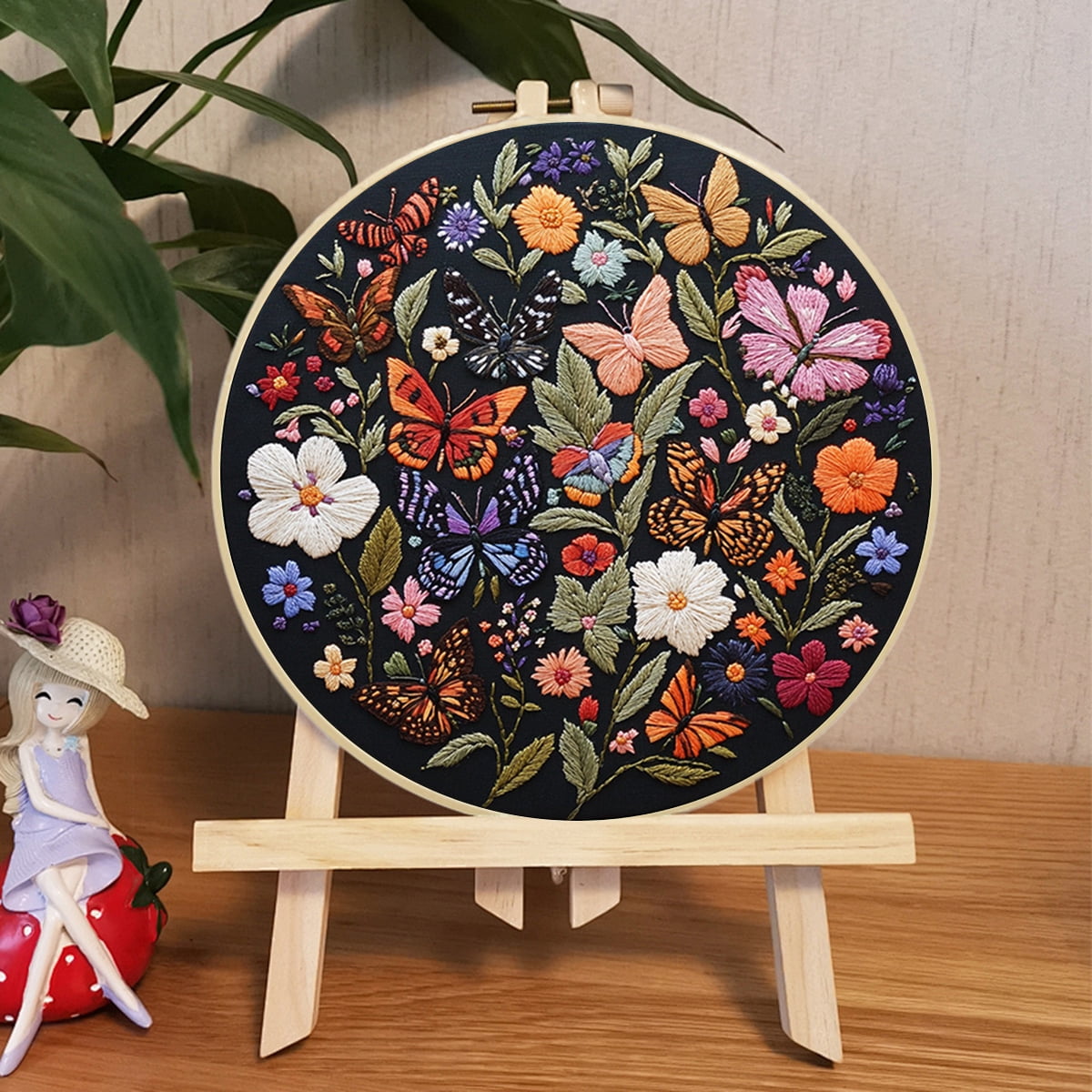 NEONWE 4 Set Embroidery Kit for Adult Beginner, Colorful Butterfly Vintage Flowers Rustic Stamped Patterns Kits Nature Funny Arts & Crafts Set, with Hoop, Colored Threads, Needles, and Instructions