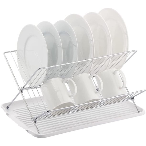 Foldable Dish Drying Rack with Drainboard, Stainless Steel 2 Tier Dish