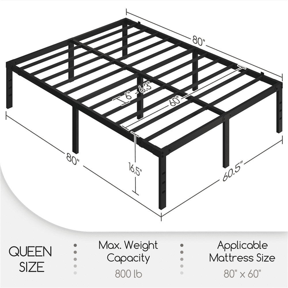 Alden Design Queen Size 16.5" Metal Platform Bed Frame, No Box Spring Needed, Black