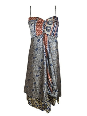 Mogul Women Blue Vintage Recycled Sari Printed Sundress Layered Spaghetti Strap Beach Summer Dresses S/M