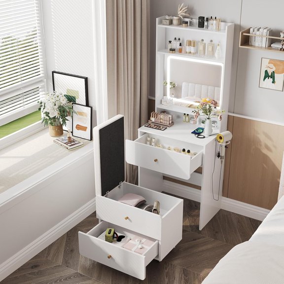 LYYHTY Makeup Vanity Desk with Mirror & LED Lights, Small White Vanity Table Set with Charging Station, Cushioned Storage Chair, 4-Mode Dimmable Light, Drawers & Shelves for Girls Bedroom-White