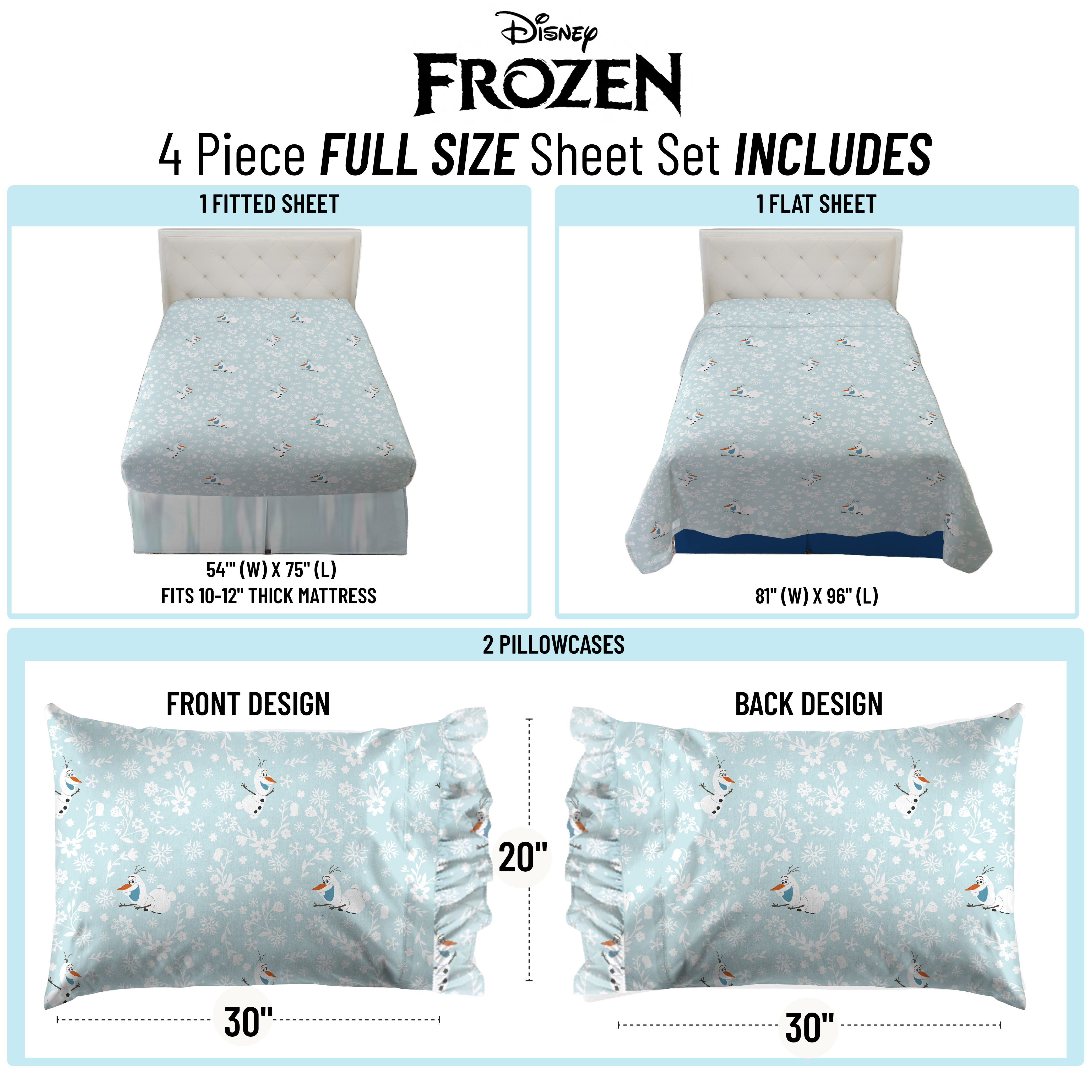 Disney Frozen Icy Adventure 4-Piece Full Sheet Set, Kids, White and Blue