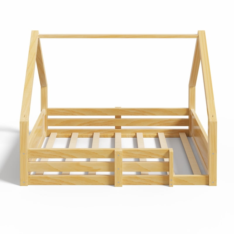 Euroco Wood Full Size Platform Bed, Low Profile House Floor Bed with Guardrails, White