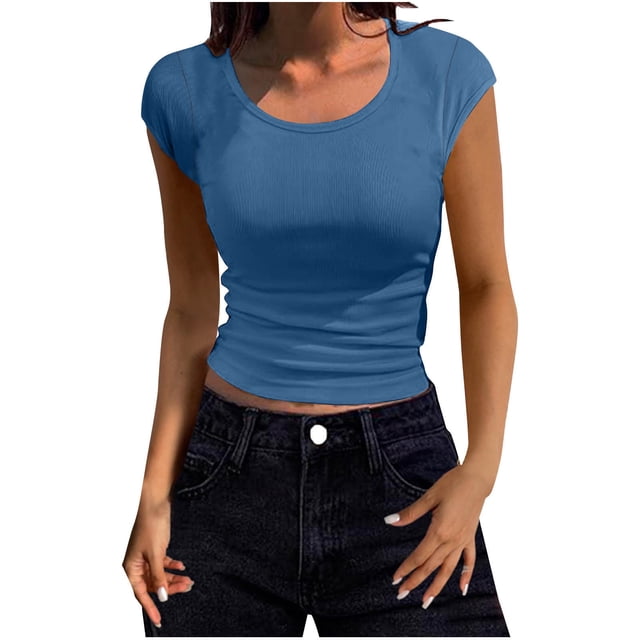 Chbgutlmr Going out Tops for Women Round Neck Short Sleeve Ribbed Slim Basic Tops Summer Casual T Shirts