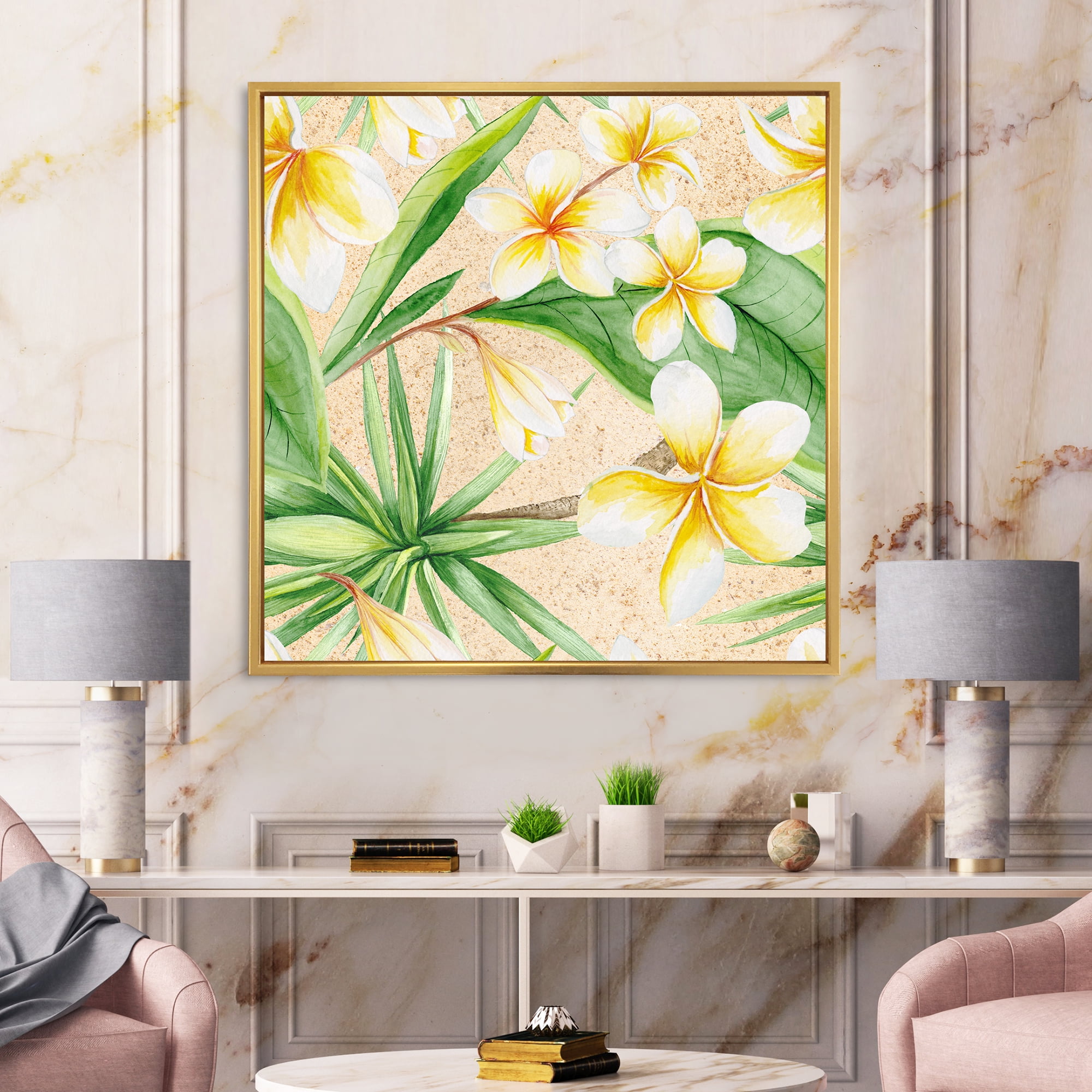 Designart 'Yellow Flowers and Tropical Foliage XI' Traditional Framed Canvas Wall Art Print