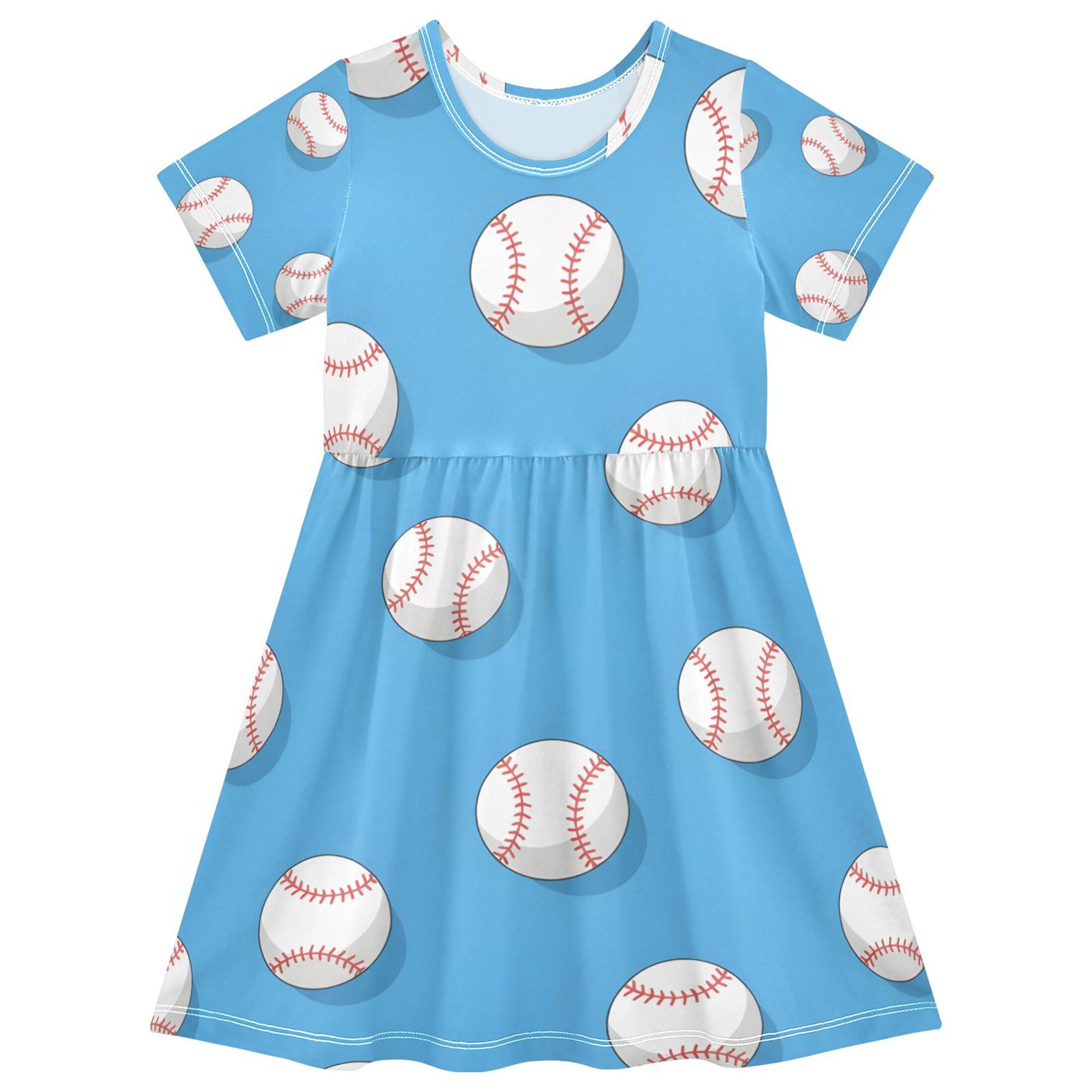 Baseball Pattern Girls Short Sleeve Dress A Line Sun Protection Breathable Comfort Sundress 5-6T