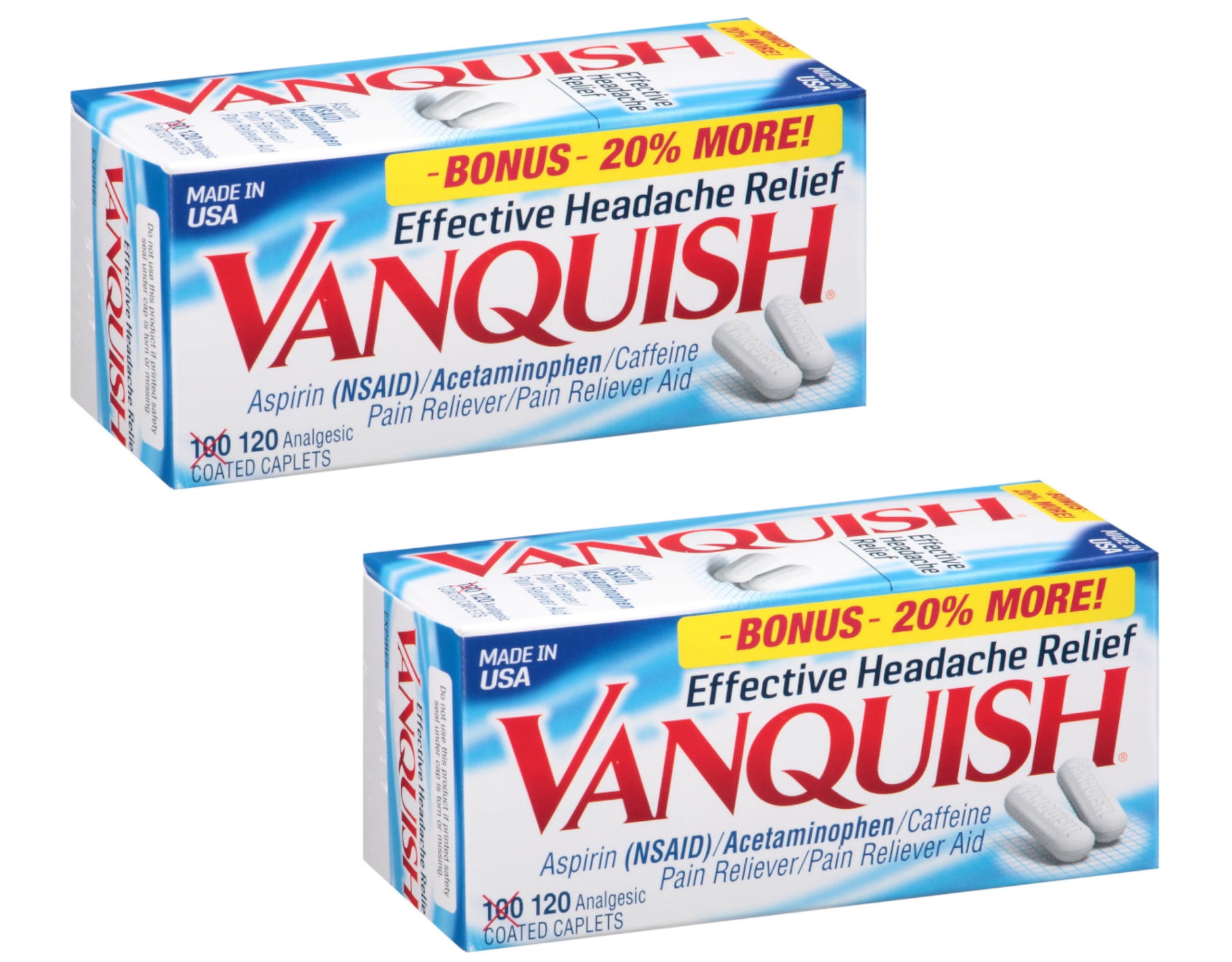 Vanquish Effective Headache Relief Aspirin Pain Reliever, 120 Count - Pack of 2
