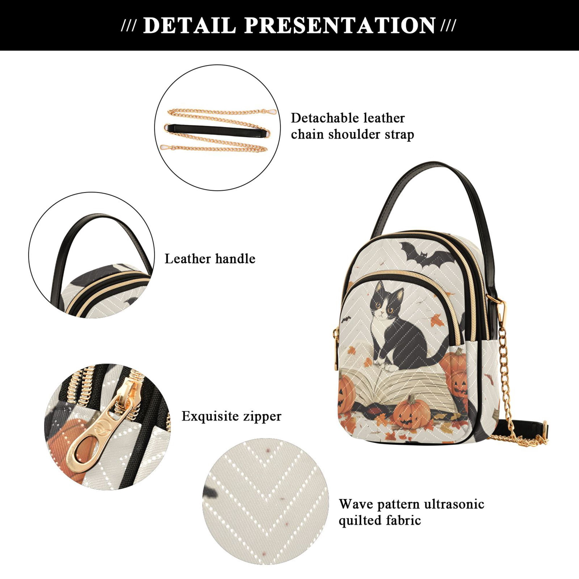FORMRS Crossbody Bag for Women Quilted Travel Shoulder Cell Phone Purse with Chain Strap Handbag, Gray Cartoon Halloween Cat