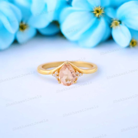SHEKHAWATJEWELS 8x6/ 1.5 Ct Pear Peach Morganite Engagement Ring For Bridal - Statement Proposal Christmas Gift for Her