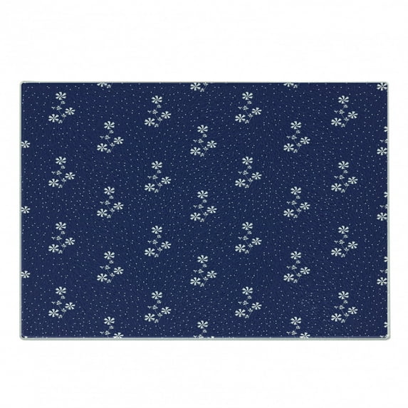 Navy Blue Cutting Board, Floral Pattern Design Little Dots and Flowers Country Life Inspired Art, Decorative Tempered Glass Cutting and Serving Board, Small Size, Navy and White, by Ambesonne