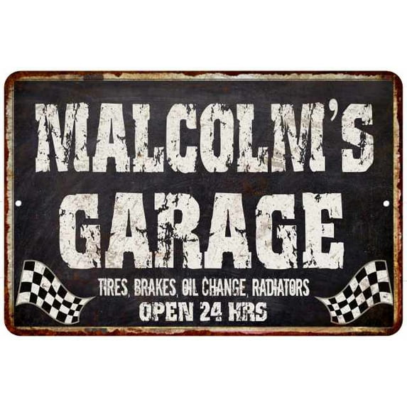 MALCOLM'S Garage Black Grunge Sign 16 x 24 Matte Finish Metal 116240005416