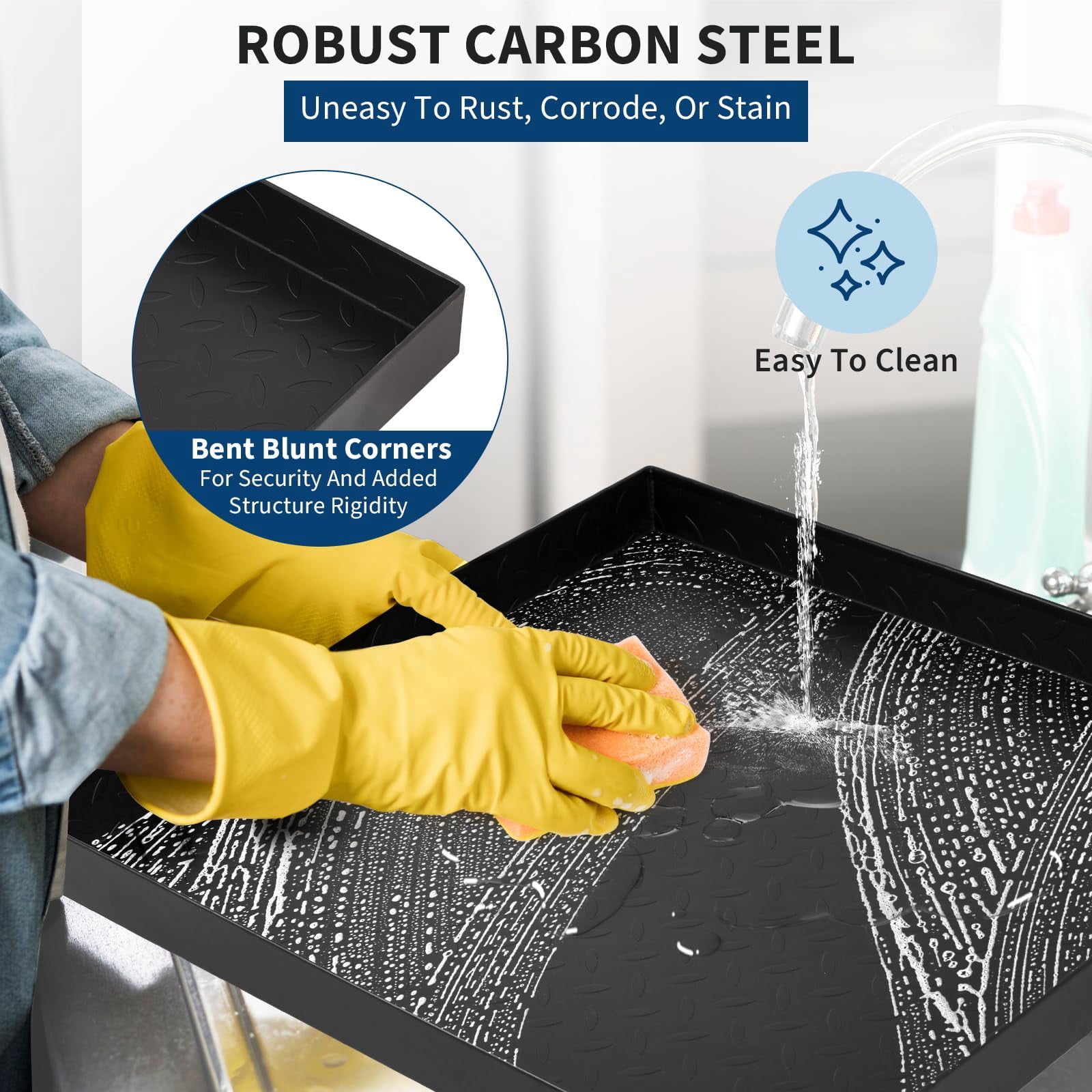 Kojooin Heavy-Duty Carbon Steel Washing Machine Drain Tray, with Waterproof Tape, Water Outlet Switch, Drain Hole, Hose Connector, and Rust and Leak Protection