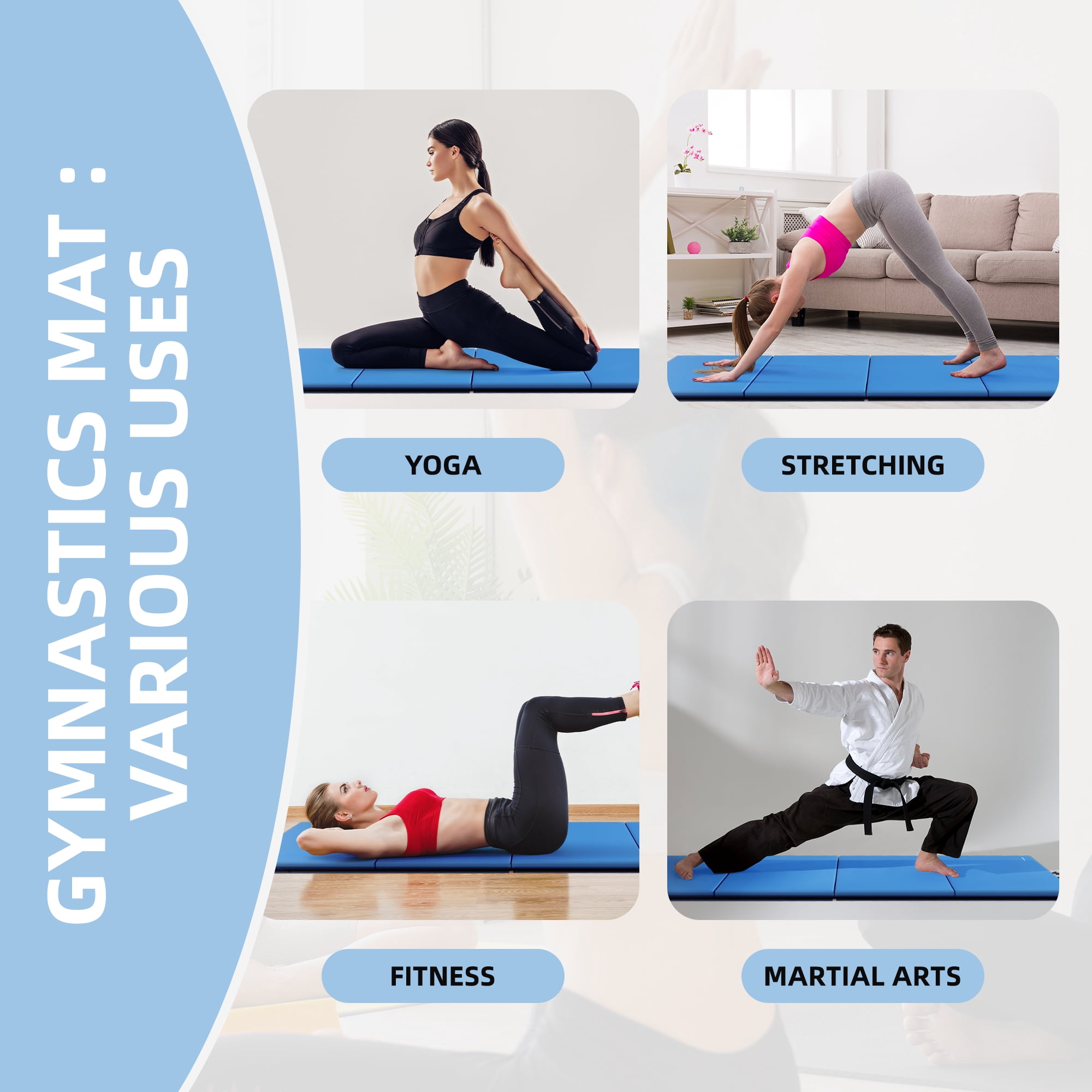Signature Fitness 4ft x 10ft x 3in Folding Gymnastics Mat, 4-Panel Extra Thick Exercise Mat with Handles, PVC Leather + EPE Foam, Multiple Colors