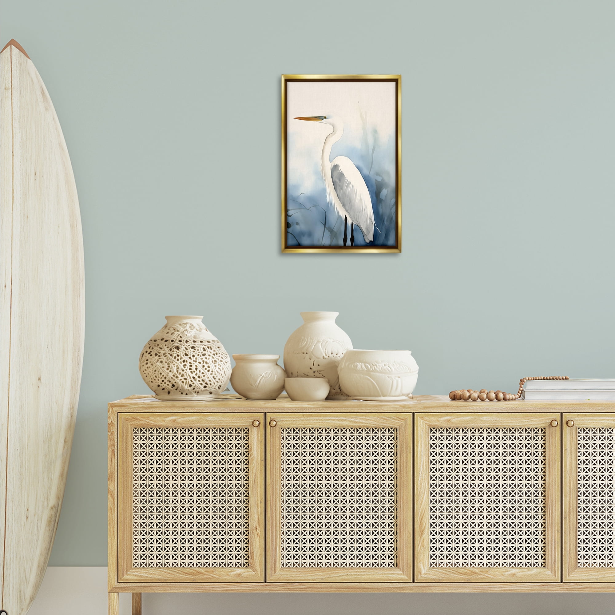 Stupell Industries Egret Beach Bird Animals & Insects Painting Gold Floater Framed Canvas Art Print Wall Art, 17 x 25