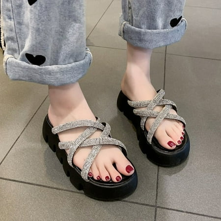 

AXXD Black Platform Sandals for Women Summer Flip-flop Sandals Bright Drill Shoes