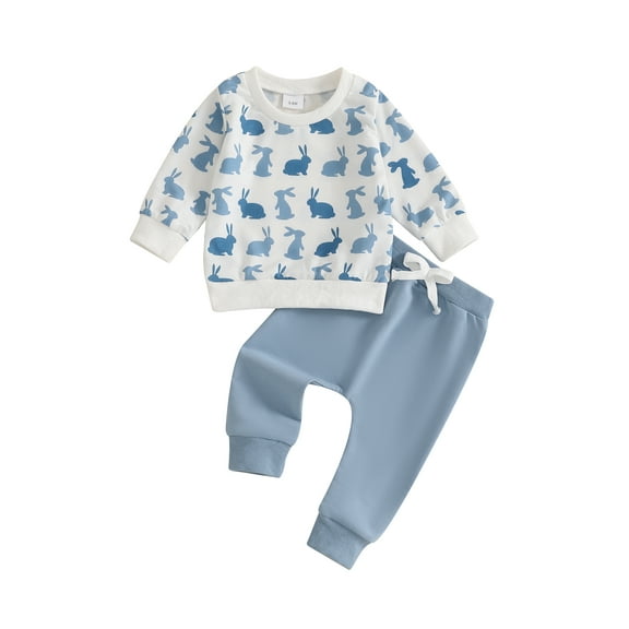 Baby Toddler Boys Easter Outfit Sets, 3 6 12 18 24 Months 2T 3T Long Sleeve Crew Neck Bunny Print Sweatshirt with Elastic Waist Sweatpants Infant Clothes Set