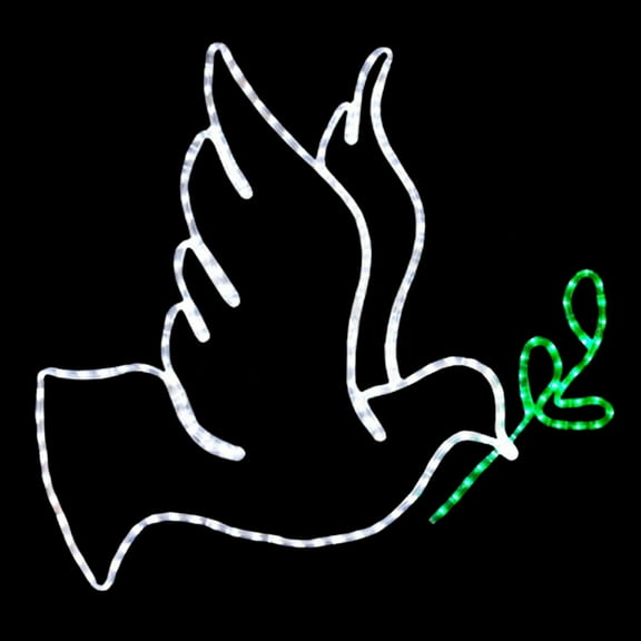 LED Rope Light Dove with 3 Olive Branch Christmas Decoration - Lighted Sign - Cool White and Green - 30 Inch