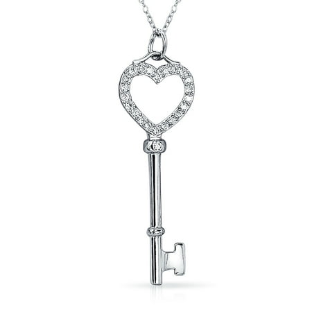- Open Heart Key Shape Pendant Pave Cubic Zirconia CZ 925 Sterling Silver Necklace For Women Girlfriend 18 Inches