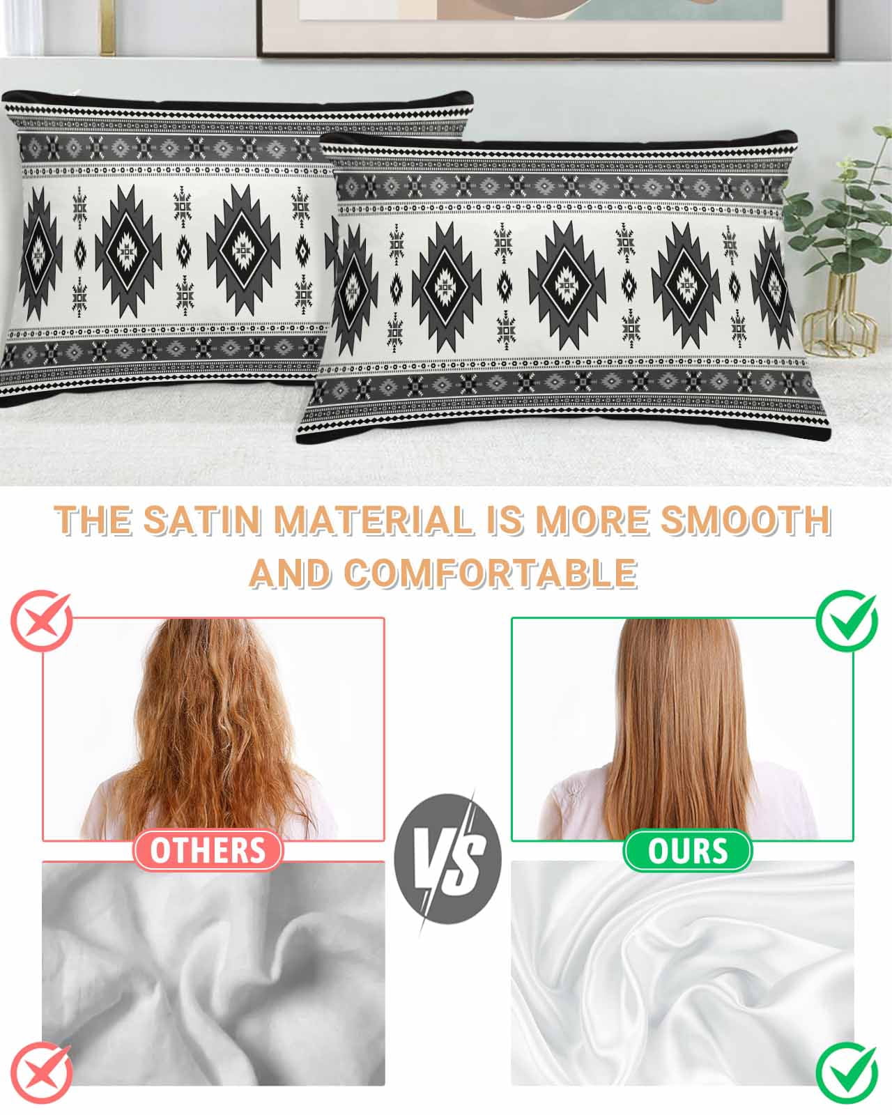 Gray Boho Pillow Cases Queen Size Set of 2, Smooth Satin Pillowcase for Hair and Skin, Southwest Aztec Country Geometric Aesthetic Decorative Cooling Bed Pillow Covers with Zipper, 20x30 Inches