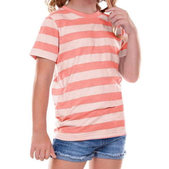 Kavio TJP0605 Toddlers Striped Jersey Crew Neck Short Sleeve Tee-StripedWhite/Flamingo-2T