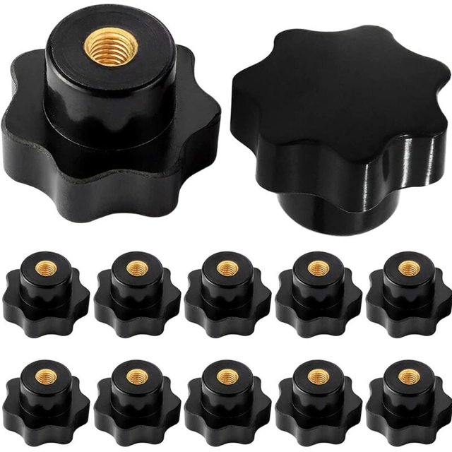 Perillas de estrella M6, perilla de apriete de rosca moleteada con tornillo hembra M6, para equipos mecánicos de máquina herramienta, plástico negro, 10 piezas