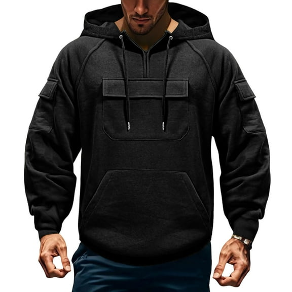 Dwelliawo Men Tactical Hoodies Tactical Sweatshirt Quater Zip Up Cargo Pullover Hoodie Autumn Big and Tall Workout Sweatshirts with Pocket Black 5XL
