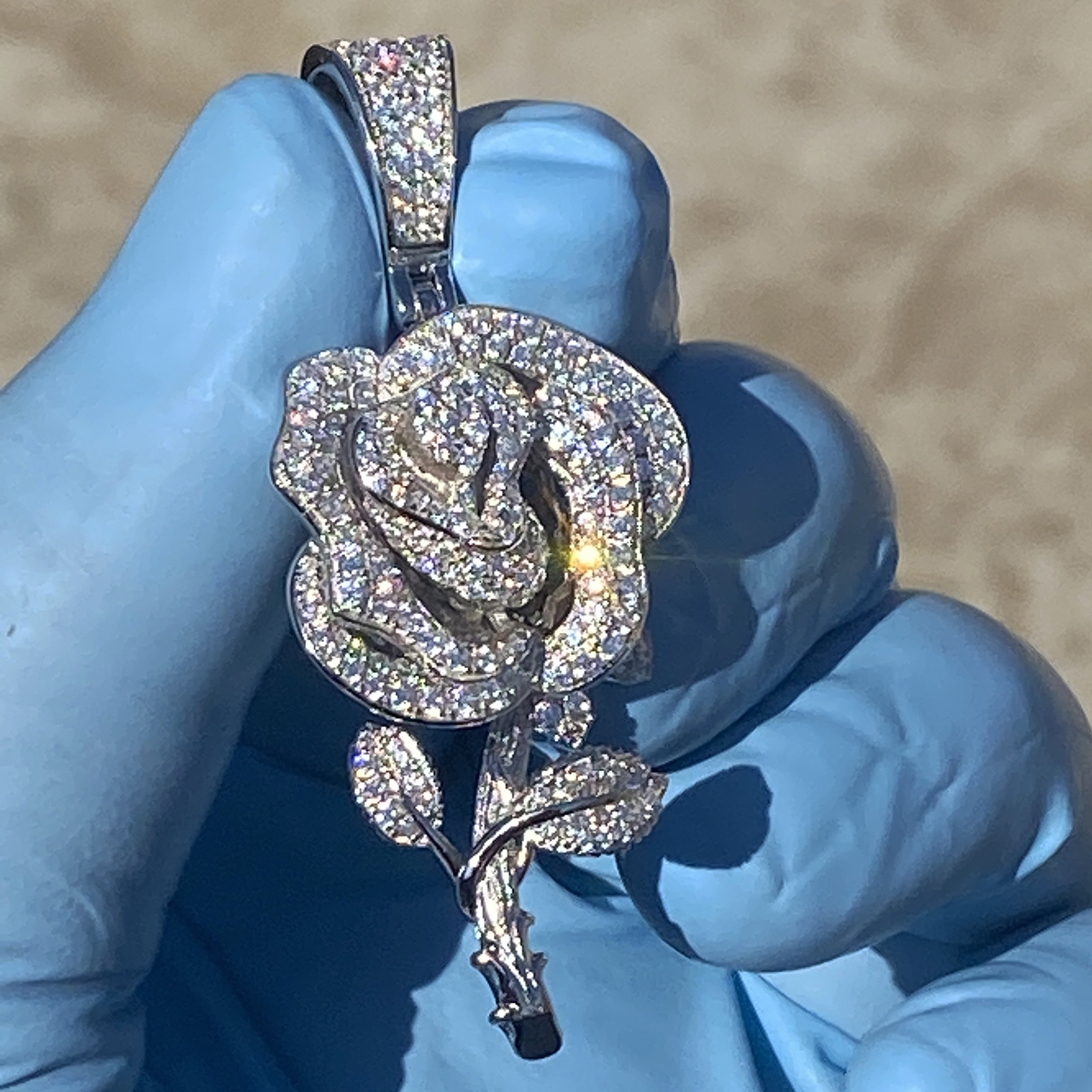 Real Solid 925 Sterling Silver Rose Flower Iced Pendant Bling Out Hip Hop Charm