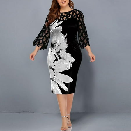 

Aueoeo Long Sleeve Cocktail Dress for Women Christmas Dresses for Women Long Sleeve Women Casual Print Gauze Splicing Loose 3/4 Sleeve Round Neck Dress