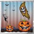 thumbnail image 1 of Whimsical Halloween Shower Curtain - Grinning Reaper & Mischievous Lanterns - Cute & Creepy Decor, 1 of 4