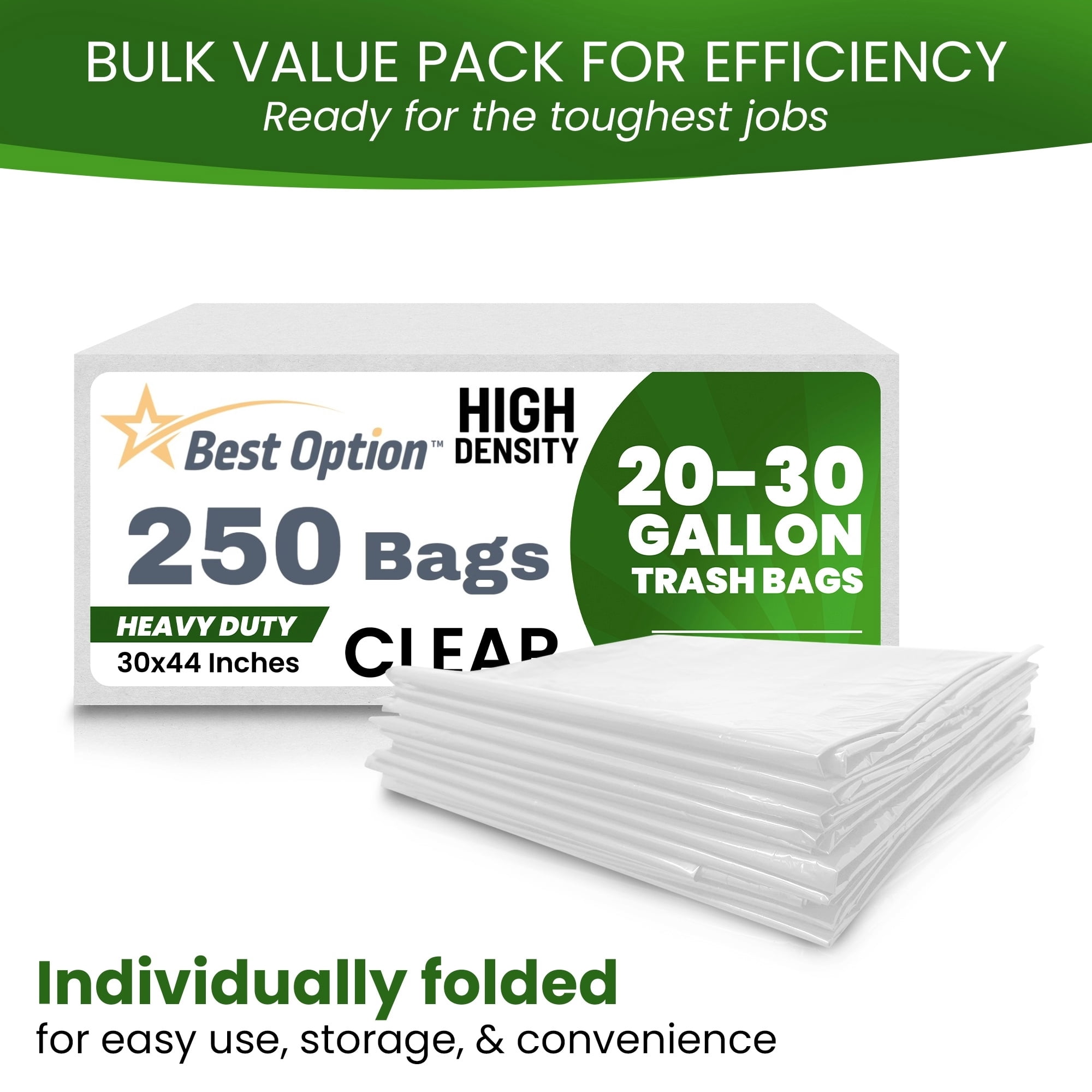 Best Option 20-30 Gallon Clear Trash Bags, 250 Count Box, (30x44-inch) Commercial Heavy-Duty Garbage and Recycling Can Liners