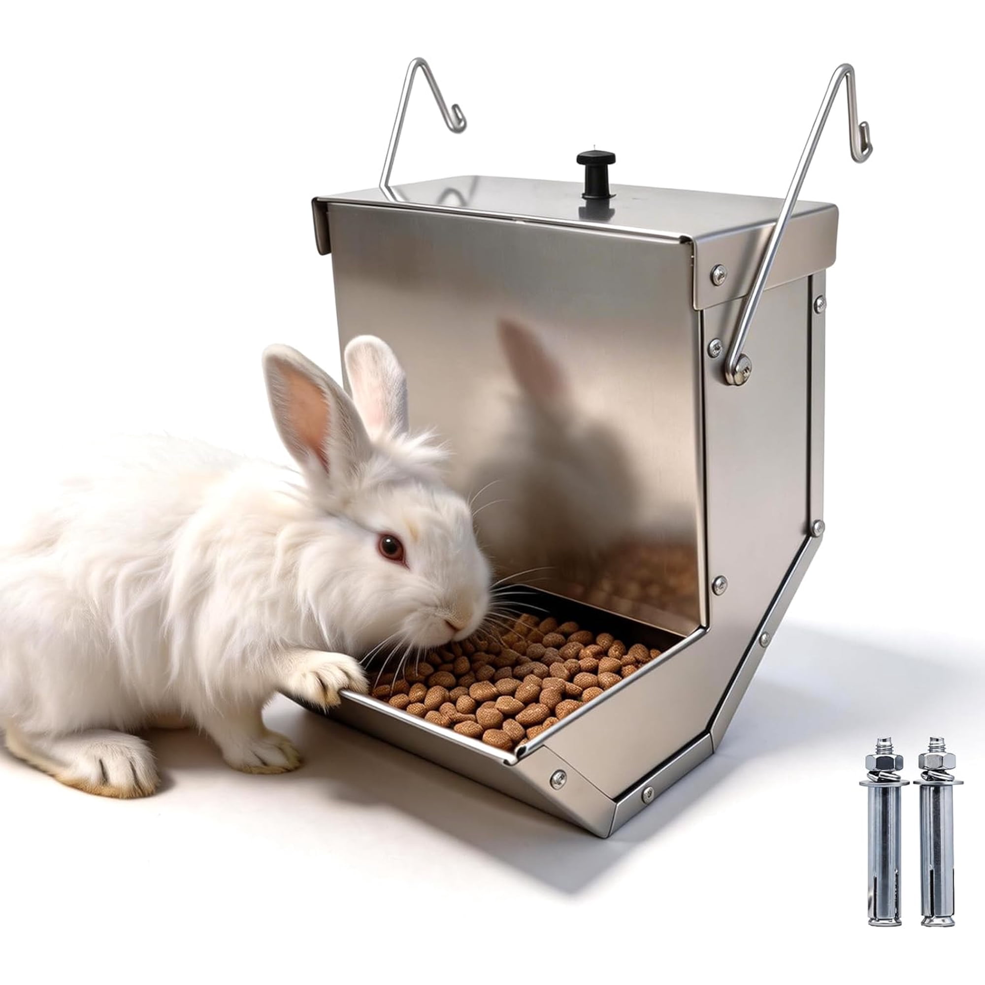 Small Animal Gravity Feeder with Lid - Stainless Steel Anti-Corrosion Durable Large Capacity Food Dispenser for Rabbits, Guinea Pigs, Chinchillas & Other Small Pets for Indoor Outdoor Cage Use (4Lbs)