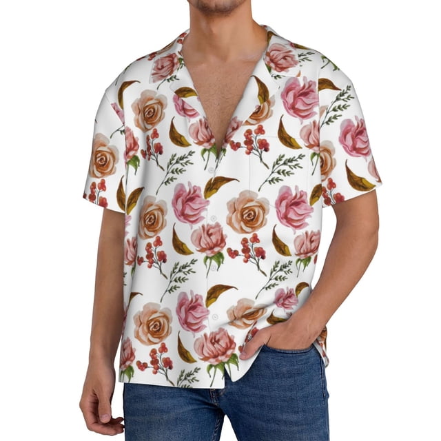Balery Rose Flowers Camisa Casual de Manga Corta con Botones para Hombre, Texturizada, Estilo Cubano, para Playa, Verano-Small