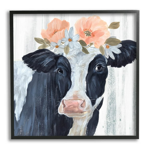 Farm Cow Floral Daisy Blooms Animals & Insects Graphic Art Black Framed Art Print Wall Art