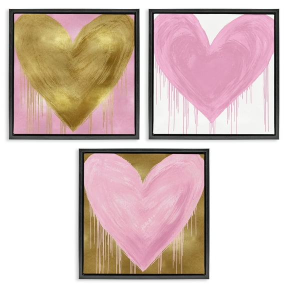 Stupell Industries Glam Paint Drip Hearts Design Art for Kids Painting Black Floater Framed Canvas Art Print Wall Art, 18 x 18, Set of 3
