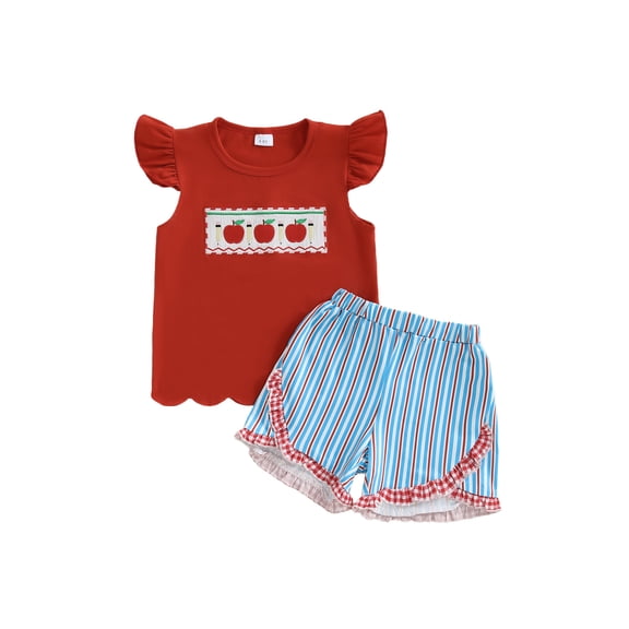 BemeyourBBs Toddler Baby Girls Summer Clothes Kids Baby Girl Back to School Pre Kindergarten Outfits Apple Embroidered Flying Sleeve T Shirt Tops Ruffled Striped Shorts Set
