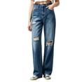 thumbnail image 2 of Women's Jeans Straight Leg Plus Size Ripped Solid Color Denim Pocket Loose Trousers, 2 of 5