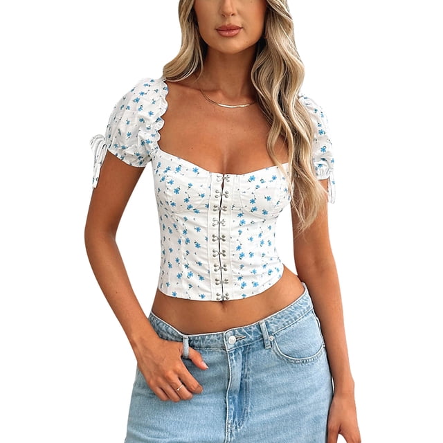 xiaxaixu T-Shirts pour Femmes, Manches Courtes Coupe Ajustée Col Carré Imprimé Floral Hauts Courts à Agrafes